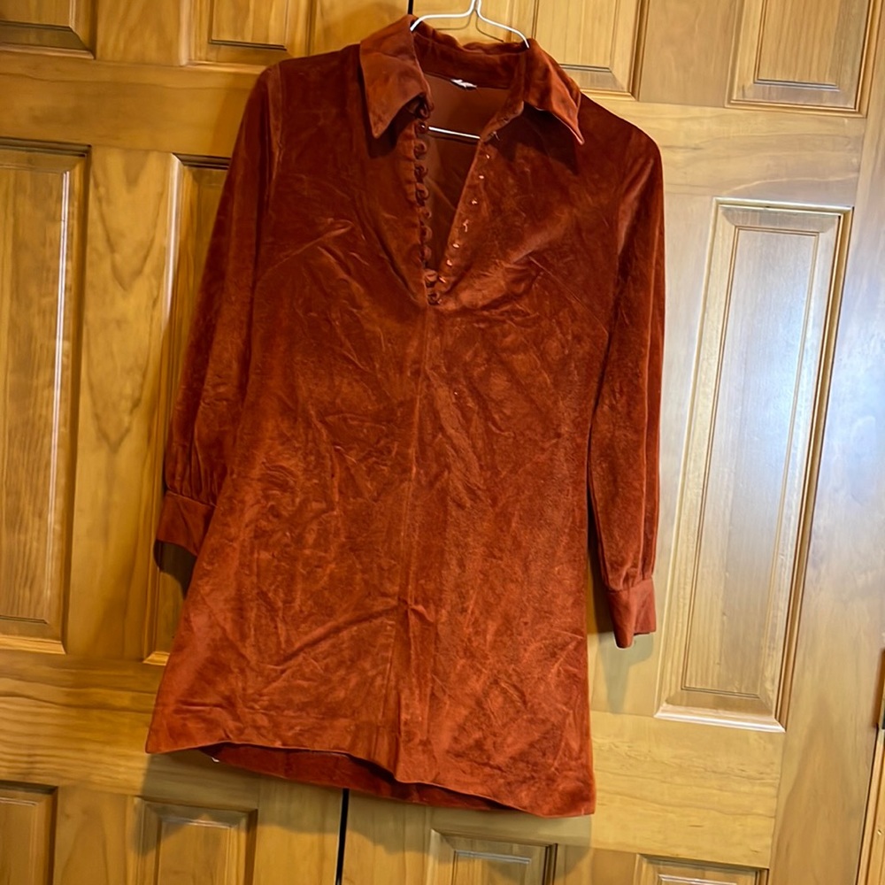 Vintage 60s 70s velour dress pumpkins burnt Orange small wide collar
